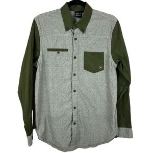 NKLS Brand Men’s Colourblock Button Down Shirt Olive Gray Medium